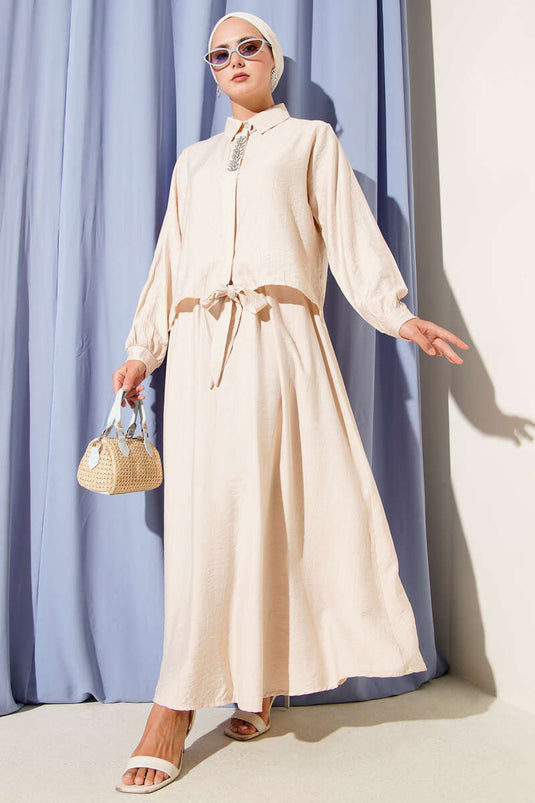 Stone-embellished Skirted Two-Piece Suit Beige