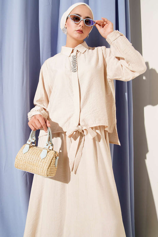 Stone-embellished Skirted Two-Piece Suit Beige