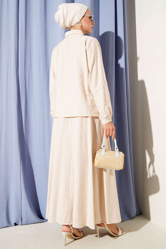 Stone-embellished Skirted Two-Piece Suit Beige