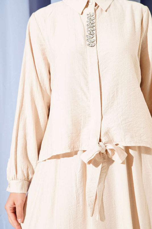 Stone-embellished Skirted Two-Piece Suit Beige