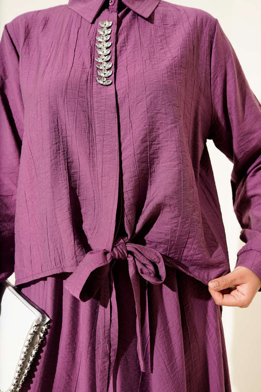 Taş Süslemeli Etekli İkili Takım Magenta