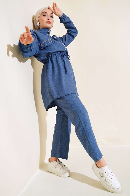 Stone Embellished Zippered Linen Two Piece Suit Indigo