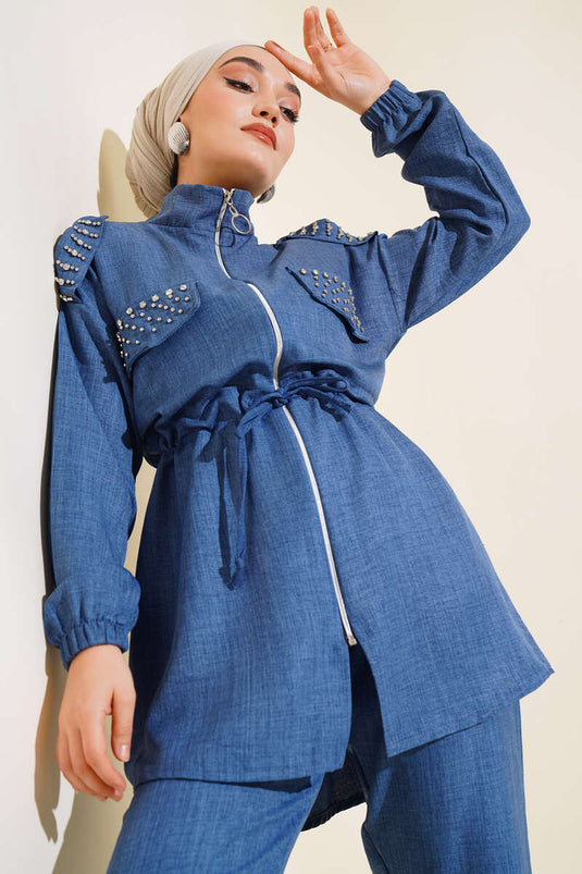 Stone Embellished Zippered Linen Two Piece Suit Indigo