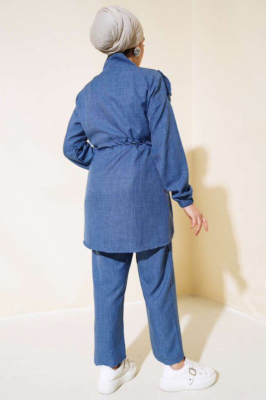 Taş Süslemeli Fermuarlı Keten İkili Takım İndigo