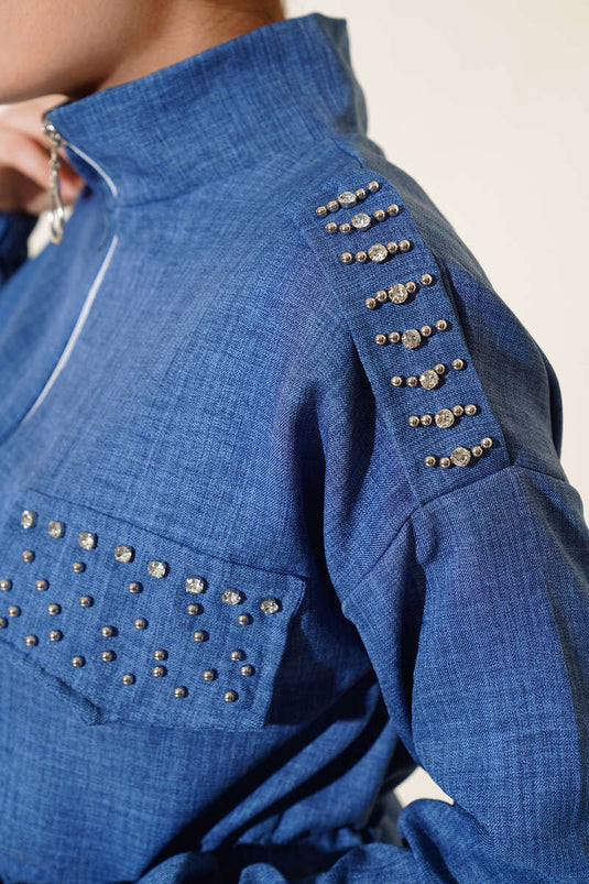 Taş Süslemeli Fermuarlı Keten İkili Takım İndigo