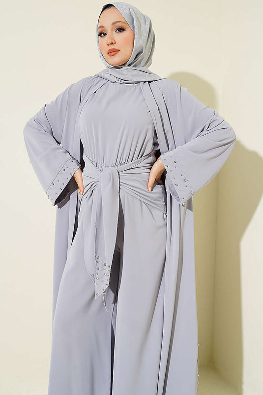 Taş Süslemeli İkili Abaya Gri