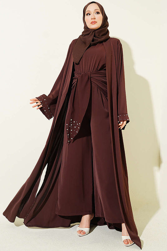 Taş Süslemeli İkili Abaya Kahve
