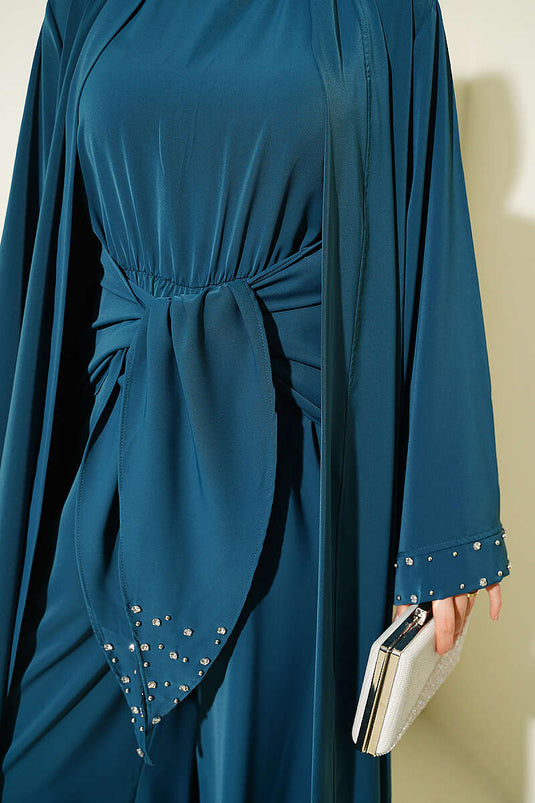 Taş Süslemeli İkili Abaya Petrol Yeşili