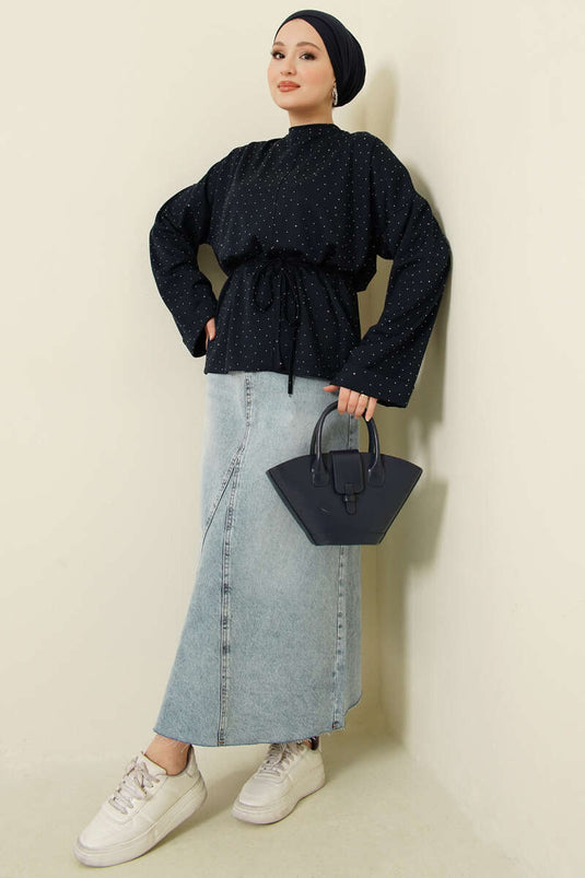 تونيك بحزام حبل مزين بالأحجار باللون الأزرق الداكن