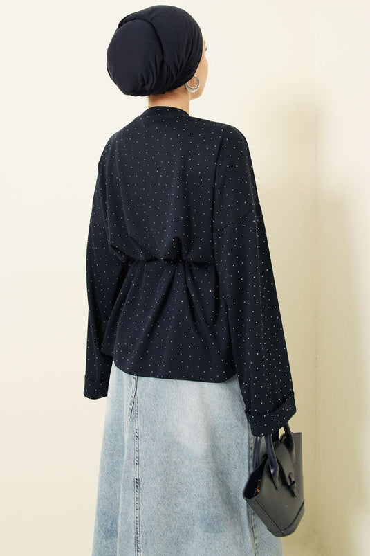 تونيك بحزام حبل مزين بالأحجار باللون الأزرق الداكن