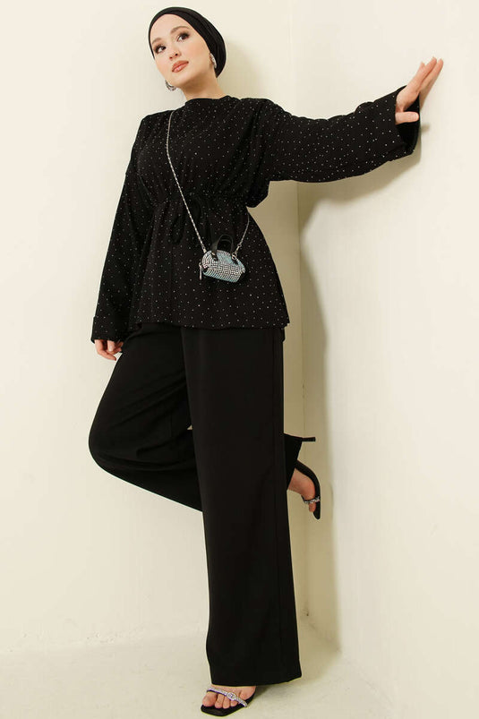 تونيك أسود بحزام حبل مزين بالأحجار