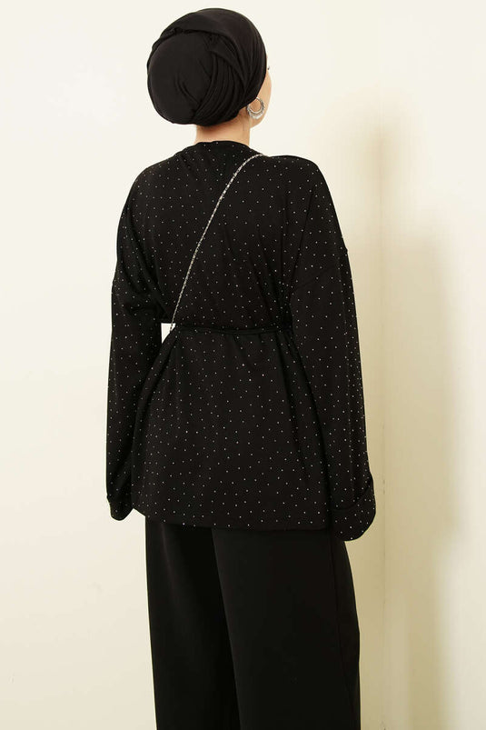 تونيك أسود بحزام حبل مزين بالأحجار