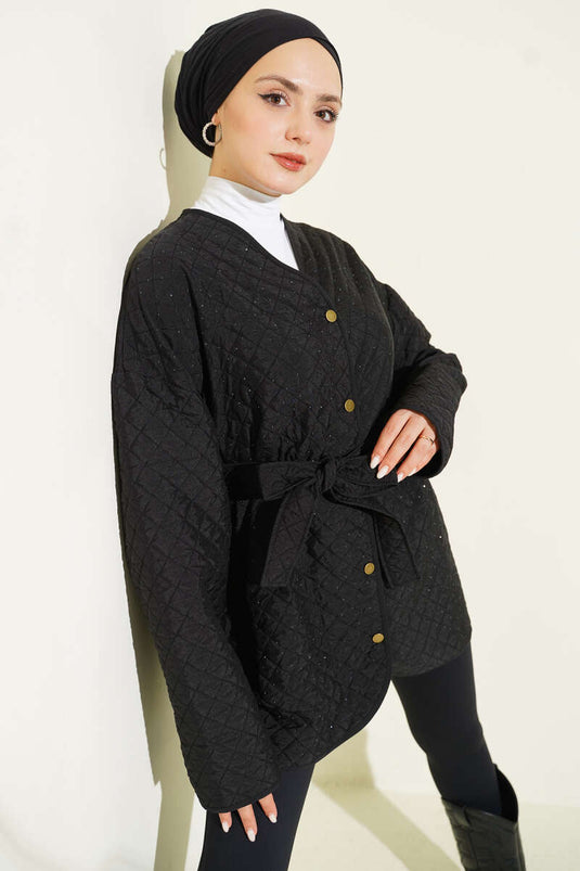 Stone Embellished Quilted Jacket Black