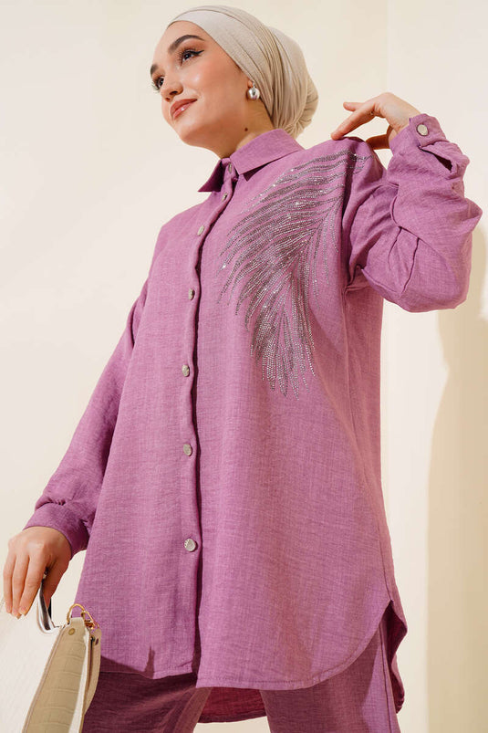 بدلة مزدوجة من الكتان المزخرف بالأحجار باللون الأرجواني