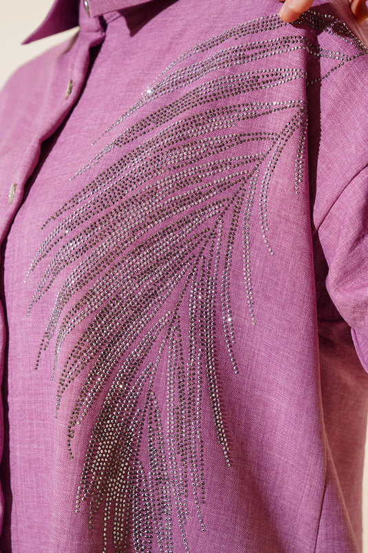 Taş Süslemeli Keten İkili Takım Magenta