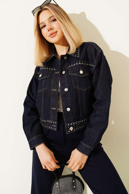 Taş Süslemeli Kısa Kot Ceket Lacivert