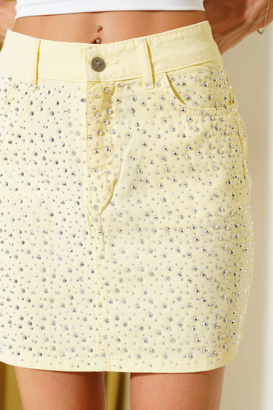 Taş Süslemeli Kot Mini Etek Sarı