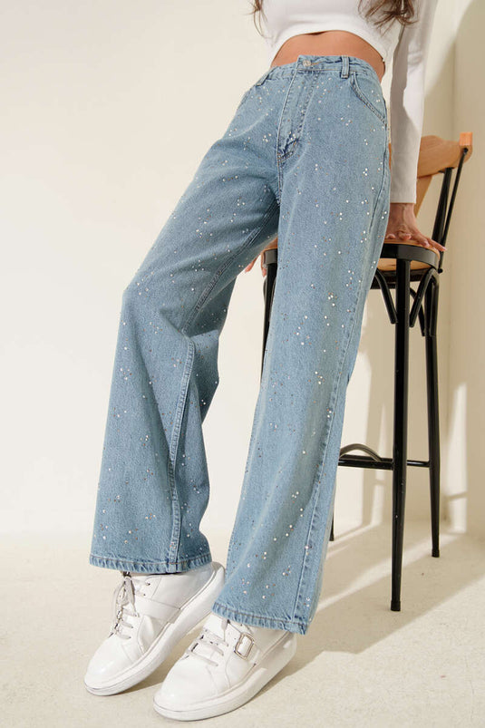 Taş Süslemeli Kot Pantolon Mavi