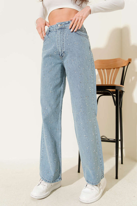Taş Süslemeli Kot Pantolon Mavi