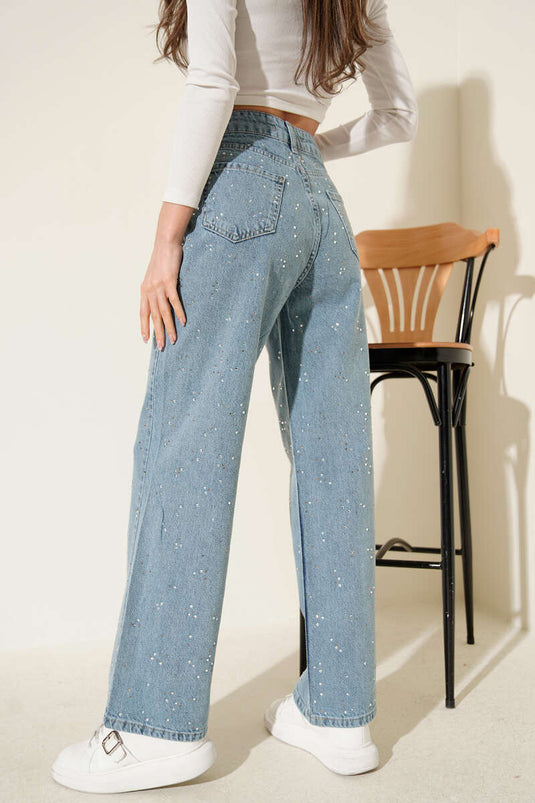 Taş Süslemeli Kot Pantolon Mavi