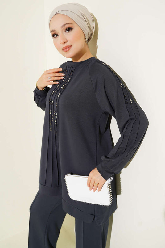 Stone Embellished Loysha Two Piece Suit Smoke Color