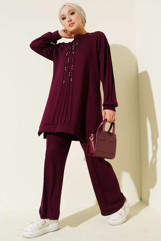 Taş Süslemeli Loyşa İkili Takım Mürdüm