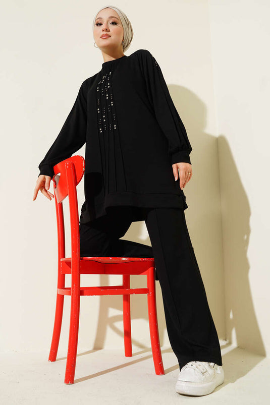 طقم لويشا مزين بالأحجار من قطعتين باللون الأسود