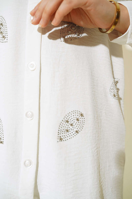 Taş Süslemeli Önü Düğmeli Takım Ekru