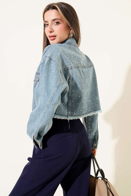 Taş Süslemeli Püsküllü Kot Crop Ceket Mavi