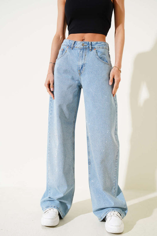Pantaloni Palazzo Denim Larghi con Decorazioni in Pietra Colore Chiaro Kar