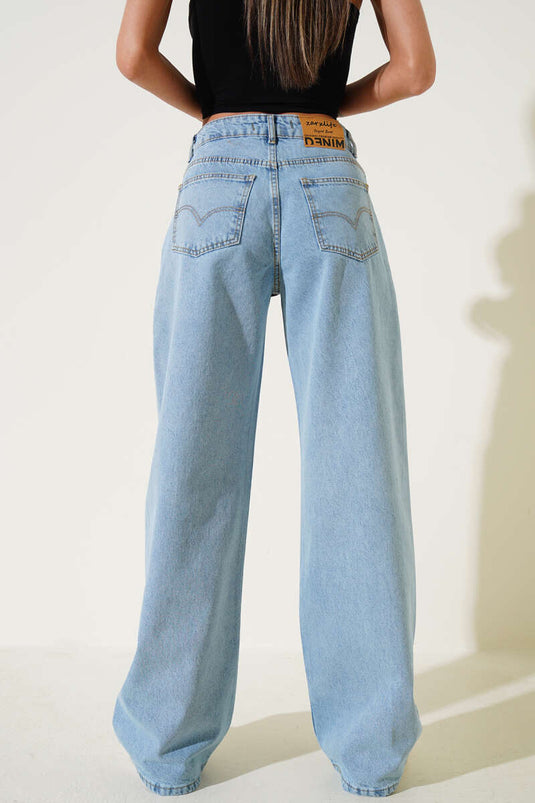 Pantaloni Palazzo Denim Larghi con Decorazioni in Pietra Colore Chiaro Kar