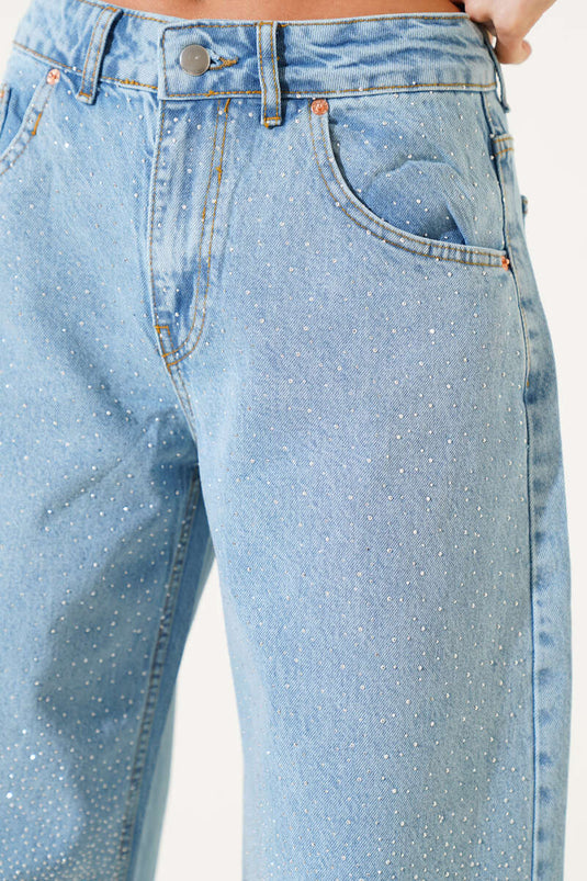 Pantaloni Palazzo Denim Larghi con Decorazioni in Pietra Colore Chiaro Kar