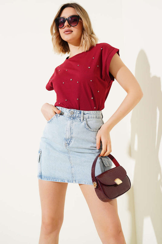 Taş Süslemeli Sıfır Kol T-shirt Bordo