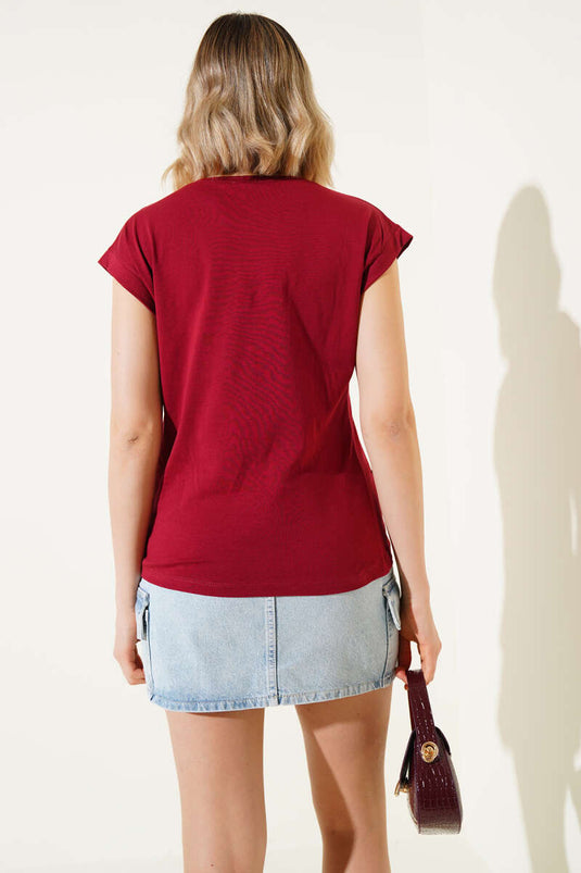 Taş Süslemeli Sıfır Kol T-shirt Bordo