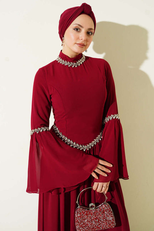 فستان سهرة شيفون مزين بحجر باللون القرمزي