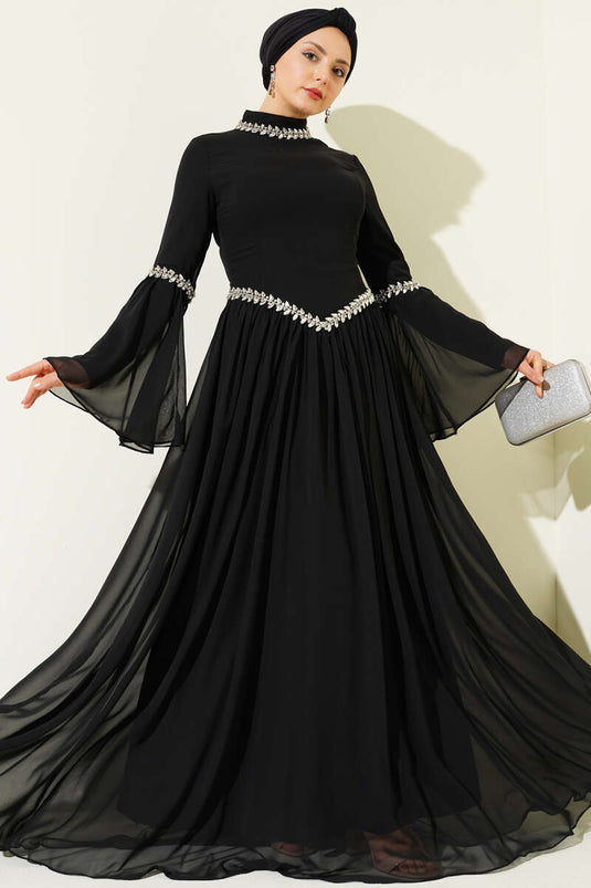 فستان سهرة شيفون مزين بالحجارة أسود
