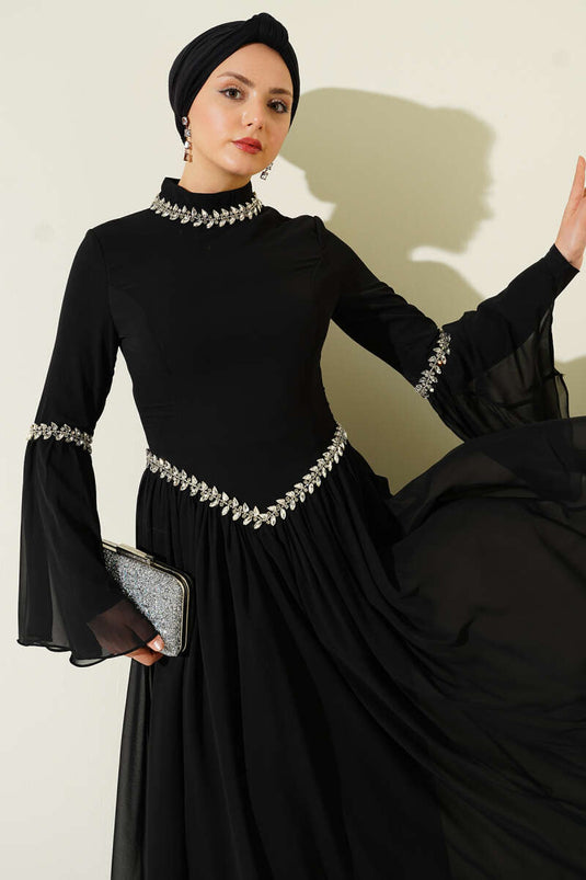 فستان سهرة شيفون مزين بالحجارة أسود