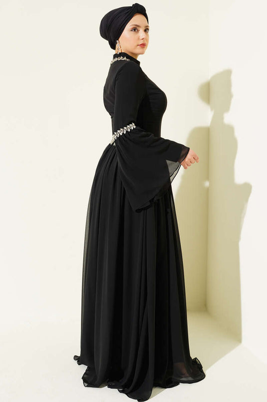 فستان سهرة شيفون مزين بالحجارة أسود