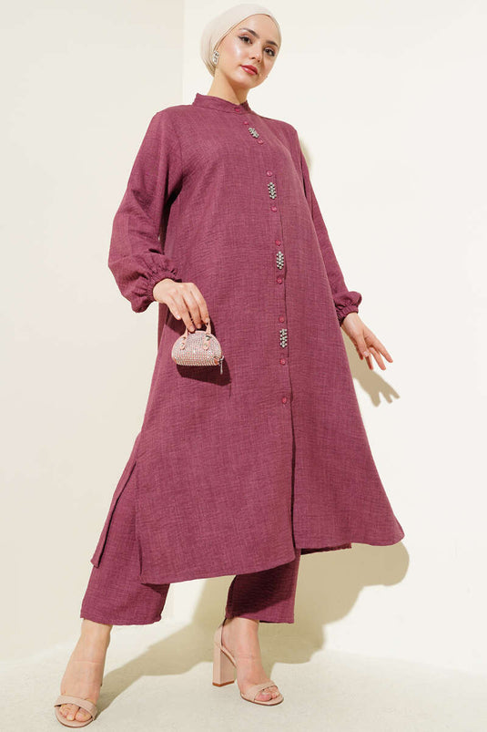 بدلة تونيك طويلة مزينة بالأحجار من قطعتين باللون العنابي