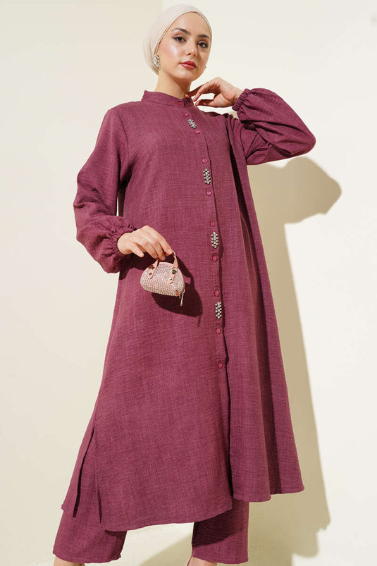 Zweiteiliger langer Tunikaanzug mit Steinverzierungen, burgunderrot