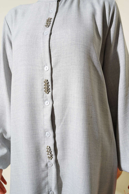 Taş Süslemeli Uzun Tunikli İkili Takım Gri