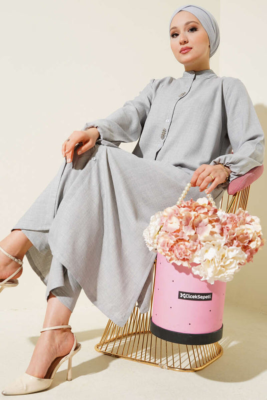 Taş Süslemeli Uzun Tunikli İkili Takım Gri