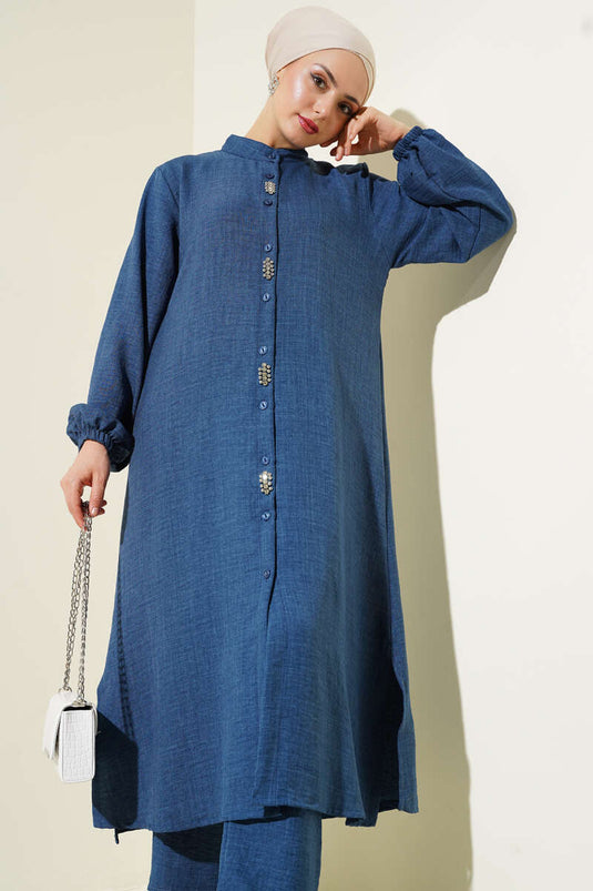 Zweiteiliges langes Tunika-Set mit Steinverzierungen, Indigo