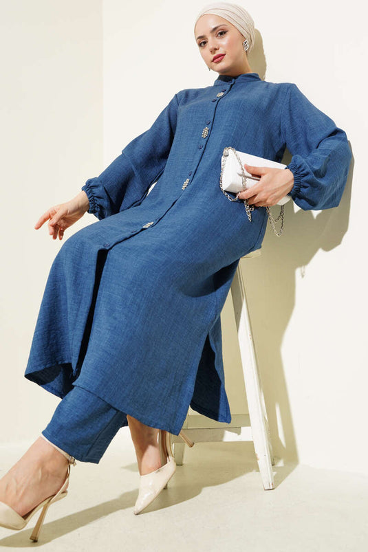 طقم تونيك طويل مزين بالأحجار من قطعتين - نيلي