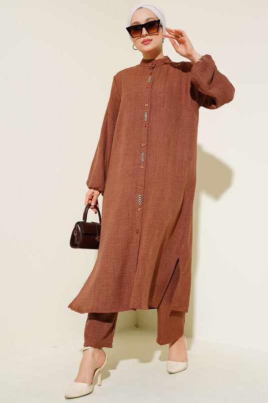 Taş Süslemeli Uzun Tunikli İkili Takım Kahve