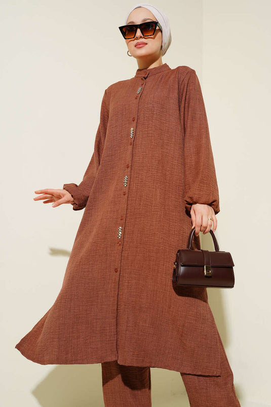 Taş Süslemeli Uzun Tunikli İkili Takım Kahve