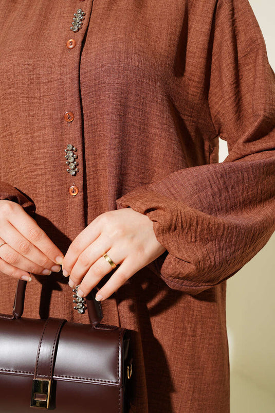 Taş Süslemeli Uzun Tunikli İkili Takım Kahve