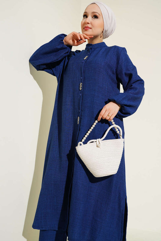 Stone Embellished Long Tunic Two Piece Suit Navy Blue