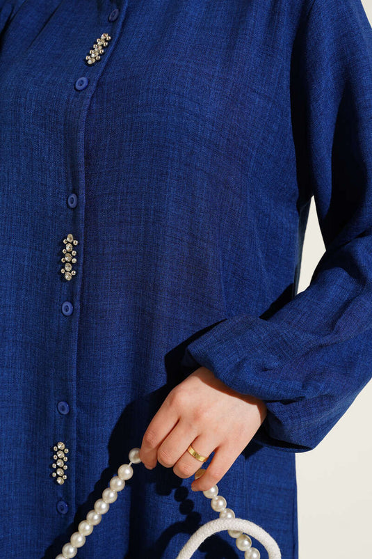 Stone Embellished Long Tunic Two Piece Suit Navy Blue