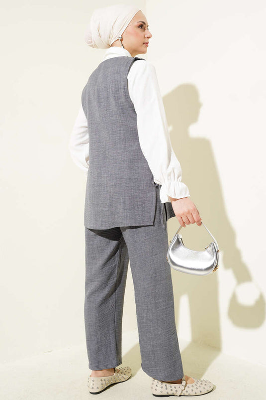 Taş Süslemeli Yan Bağlamalı Üçlü Takım Füme